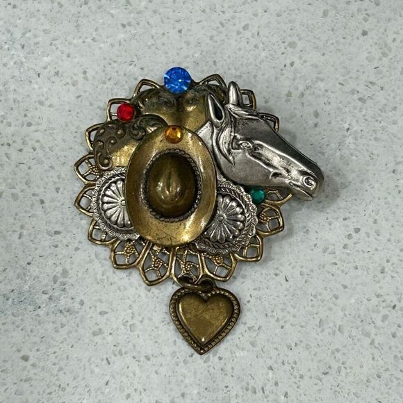 Vintage Horse Rodeo Theme Brooch Pin Silver & Gold-tone 3D Heart Charm - Picture 9 of 9